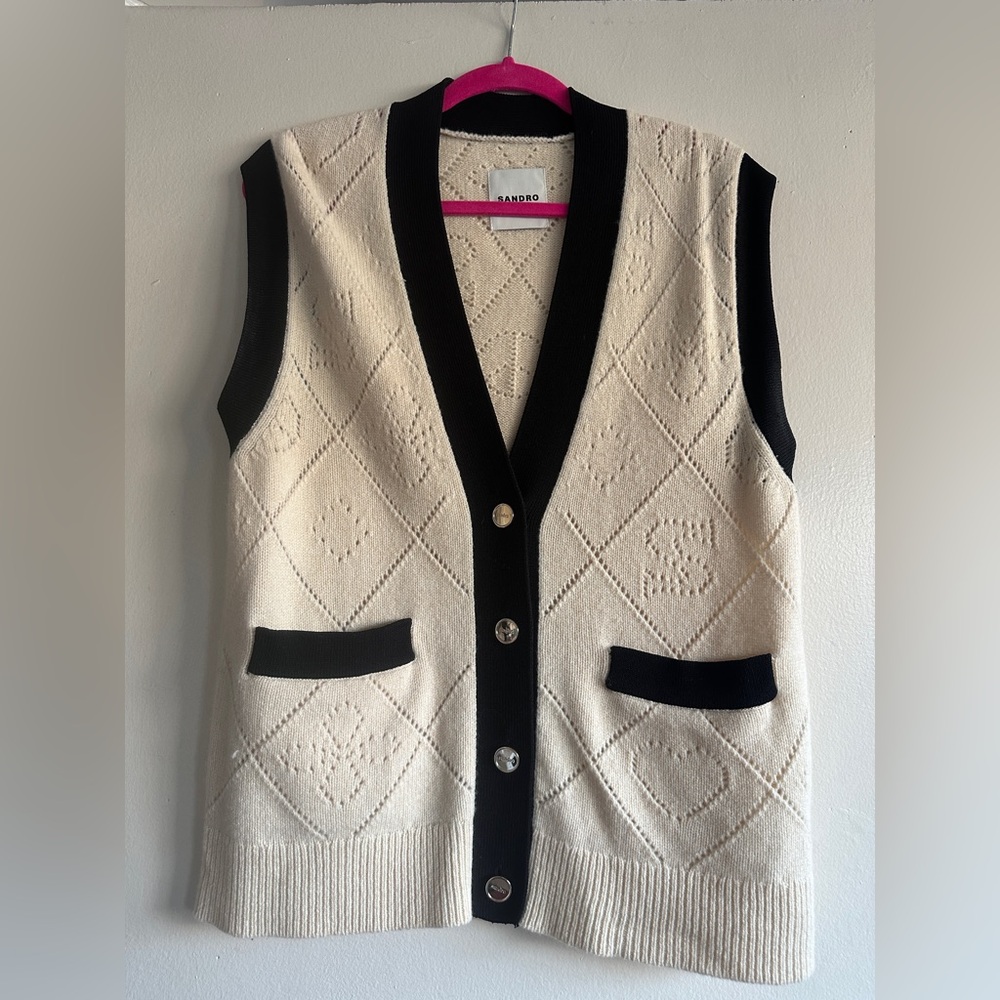 Sandro Women's Black and Cream Cardigan Vest